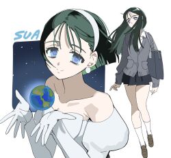  1girl alien_stage bag black_hair black_skirt blue_eyes bob_cut cardigan character_name commentary dress earrings earth_(planet) gloves grey_cardigan hairband highres jewelry long_hair multiple_views planet rinami456 school_uniform short_hair shoulder_bag skirt solo sua_(alien_stage) white_dress white_gloves white_hairband 