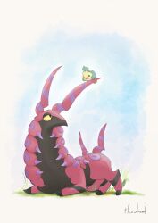  absurdres antennae bug bug_type_theme_(pokemon) centipede commentary_request fangs grass highres leaf looking_at_another on_head pokemon pokemon_(creature) pokemon_on_head scolipede sewaddle thurubamicat yellow_eyes 