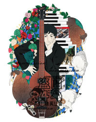  1boy 8er8er1s abbey_road black_hair black_jacket black_pants black_suit blue_background border bug closed_mouth collared_shirt commentary commission flower guitar hand_on_own_cheek hand_on_own_face highres instrument jacket ladybug male_focus pants paul_mccartney piano_keys pink_flower pink_rose polaroid_photo real_life rose shirt short_hair solo suit suit_jacket the_beatles twitter_username untranslatable_commentary walrus white_background white_border white_shirt 