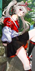  1girl bare_shoulders black_skirt black_socks braid commentary facial_mark grey_hair highres honkai:_star_rail honkai_(series) jacket leaning_back long_hair long_sleeves looking_at_viewer multicolored_jacket off_shoulder open_mouth outdoors pink_eyes red_jacket shoes skirt smile sneakers socks solo sparkle_(honkai:_star_rail) sparxie_(honkai:_star_rail) twintails two-tone_jacket visor_cap white_hair white_jacket zeroten 
