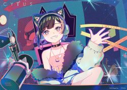  1girl absurdres animal_ear_headphones animal_ears asakura_neko black_choker black_eyes black_hair camisole cat_ear_headphones cat_ears cat_hair_ornament chair choker clock cone_hair_bun copyright_logo copyright_notice cytus cytus_ii desk_microphone fake_animal_ears fur-trimmed_jacket fur_trim gaming_chair hair_bun hair_ornament headphones highres jacket jewelry logo long_sleeves looking_at_viewer microphone necklace official_art pink_camisole poster_(object) short_hair single_off_shoulder sitting smile solo swivel_chair teeth wall_clock waving white_jacket 