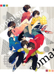  6+boys :d antenna_hair blue_eyes blue_hoodie brown_hair character_name circle collarbone color_guide expressionless full_body green_hoodie grey_background highres hood hoodie light_smile mask matching_outfits matsuno_choromatsu matsuno_ichimatsu matsuno_jyushimatsu matsuno_karamatsu matsuno_osomatsu matsuno_todomatsu mouth_mask multiple_boys orange_eyes osomatsu-san osomatsu_(series) pink_eyes pink_hoodie red_eyes red_hoodie satsuki_(miicat) sextuplets shoes short_hair siblings smile sneakers surprised triangle violet_eyes yellow_hoodie 