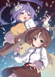  2girls absurdres biwa_lute blush brown_eyes brown_hair brown_skirt chain closed_mouth commentary_request dress flower hair_flower hair_ornament hairband highres instrument long_hair long_sleeves looking_at_viewer lute_(instrument) medium_hair multiple_girls musical_staff open_mouth playing_instrument purple_hair purple_hairband shirt siblings sisters skirt smile sumiyama_sui touhou tsukumo_benben tsukumo_yatsuhashi twintails violet_eyes white_flower white_shirt yellow_dress 