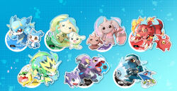  absurdres bibimon blue_background bowmon breath_weapon chibimon claws cocomon commandramon commentary_request digimon digimon_(creature) dorumon fire full_body gigimon guilmon gummymon gun heping_zhongjie_shang highres lopmon missimon no_humans nostrils open_mouth pulsemon terriermon v-mon weapon 