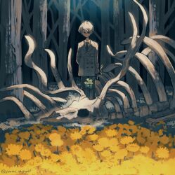  1boy animal_skeleton artist_name closed_mouth coat collared_shirt commentary_request crossed_bangs dark-skinned_male dark_skin flower forest grass hair_between_eyes highres holding holding_flower instagram_username jimini_shijimi long_sleeves looking_down nature necktie original pants shirt short_hair skeb_username solo standing tree twitter_username white-haired_man_(jimini_shijimi) white_hair 