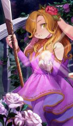  animal_ears animal_nose aylumia_(wishbane) back_bow balcony black_choker blonde_hair bow breasts choker clothing_cutout commission curtained_hair diamond_cutout dress english_commentary flower furry furry_female hair_flower hair_ornament hair_over_one_eye highres holding holding_polearm holding_weapon long_hair looking_at_viewer medium_breasts mixed-language_commentary neopet_(creature) neopets night orb outdoors pants parted_lips pink_flower pink_rose plant polearm purple_dress purple_pants rabbit_ears rabbit_girl railing red_flower red_rose rose shoulder_cutout skeb_commission sky snout standing star_(sky) starry_sky teeth vines weapon yellow_eyes yuve2625 