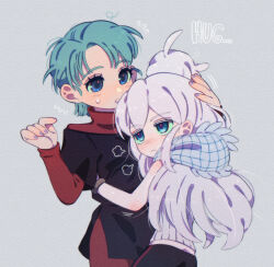  2girls arm_up blue_eyes blue_hair blue_nails deux_murasame four_murasame gundam gundam_gquuuuuux hand_on_another's_head highres hug long_hair long_sleeves multiple_girls pari_pari_kyabetu220 scarf short_hair sleeveless white_background white_hair zeta_gundam 