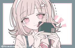  1girl alternate_costume blush brown_hair closed_mouth collared_shirt danganronpa_(series) danganronpa_2:_goodbye_despair flipped_hair hair_ornament hands_up holding komanami_kawaii long_sleeves medium_hair nanami_chiaki neck_ribbon pink_eyes pink_ribbon ribbon shirt smile solo white_shirt 