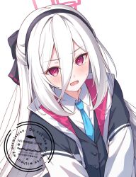  1girl black_hairband blazer blue_archive blue_necktie blush bow collared_shirt commentary commission double-parted_bangs hair_between_eyes hair_bow hairband half_updo halo highres jacket kei_(blue_archive) kei_(student)_(blue_archive) kiri_celea long_hair long_hair_between_eyes long_sleeves looking_at_viewer loosely_tucked_bangs multicolored_jacket necktie open_mouth pink_eyes pink_halo rectangular_halo ringed_eyes shirt simple_background skeb_commission solo two-tone_jacket upper_body watermark white_hair white_jacket white_shirt 