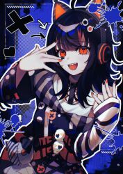  1girl :d absurdres ahoge animal_ear_headphones animal_ears arm_belt asymmetrical_sleeves bare_shoulders belt belt_collar black_choker black_hair black_nails black_sweater blue_background cat_ear_headphones cat_ears choker collar cross-laced_clothes cross-laced_dress dress eyeball_hair_ornament fake_animal_ears headphones highres izuna_mimi layered_dress long_sleeves looking_at_viewer mahou_shoujo_no_majo_saiban multicolored_hair nail_polish off-shoulder_sweater off_shoulder open_mouth orange_eyes orange_nails orange_streaks outline sawatari_coco shirt short_hair single_bare_shoulder skirt skull smile solo streaked_hair striped_sleeves stuffed_animal stuffed_cat stuffed_toy sweater teeth upper_body upper_teeth_only v v_over_eye white_outline white_shirt white_skirt 