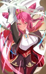  1girl absurdres arm_up blush breasts closed_mouth double_bun duel_monster gloves hair_bun highres jacket kurogomatcha long_hair looking_at_viewer pantyhose pink_hair red_pantyhose shirt shorts sketch solo spiked_hair_ornament white_gloves white_shirt yu-gi-oh! 