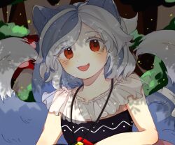  1girl animal_ears bear_trap blue_hair chinese_commentary commentary_request dog_ears dog_girl dog_tail fang grey_hair highres jewelry looking_at_viewer medium_hair mitsugashira_enoko multicolored_hair multiple_tails nagi_(pixiv_108409221) necklace open_mouth pendant red_eyes signature smile solo tail touhou two-tone_hair 