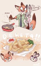  1boy 1girl animal_ears animal_nose arm_at_side arm_hug arm_up arrow_(symbol) artist_name blue_necktie blush bowl chibi chibi_inset collared_shirt commentary_request constricted_pupils cooking emphasis_lines english_text fang flying_sweatdrops food food_focus fox_boy fox_ears fox_tail frying_pan furry furry_female furry_male green_eyes green_shirt grey_background half-closed_eyes highres holding holding_food judy_hopps ketchup meme_(penpengusa_no_meme) mixed-language_text multiple_views necktie nervous nervous_sweating nick_wilde notice_lines open_mouth outstretched_arm pink_shirt potato_wedges rabbit_ears rabbit_girl rabbit_tail romaji_text scared shirt short_sleeves short_tail signature snout sparkle speech_bubble squiggle standing striped_clothes striped_necktie sweat tail talking tears turn_pale very_sweaty wide-eyed zootopia 