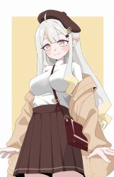  1girl absurdres ahoge bag beret blonde_hair blush brown_cardigan brown_hat brown_skirt cardigan closed_mouth commentary ear_blush grey_eyes grey_hair hair_ornament hairclip handbag hat highres long_sleeves looking_at_viewer multicolored_hair off_shoulder open_cardigan open_clothes parallel_hairclips pleated_skirt renewa_(leisurely_time)_(trickcal) renewa_(trickcal) shoga_k skirt smile solo standing streaked_hair sweater trickcal turtleneck turtleneck_sweater white_sweater 