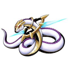  1other closed_mouth digimon digimon_(creature) fangs heliosboamon jewelry official_art red_eyes ring simple_background snake solo third_eye white_background white_snake 