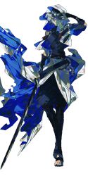  1boy azrael_(fate) azrael_(first_ascension)_(fate) azrael_(sword)_(fate) black_eyes blue_cloak blue_hair cloak commentary_request debg0423 fate/grand_order fate_(series) full_body hand_on_sheath highres holding hood hood_up hooded_cloak male_focus shirt solo torn_cloak torn_clothes turtleneck two-tone_cloak white_cloak 