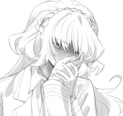  1girl 1other blush bow coat commentary_request dante_(limbus_company) greyscale hair_bow hairband highres ishmael_(project_moon) limbus_company long_hair long_sleeves looking_at_viewer monochrome pov pov_hands project_moon rope sidelocks simple_background sleeves_past_fingers sleeves_past_wrists very_long_hair vmein_46 