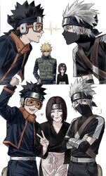  1girl 3boys arm_up averting_eyes black_eyes black_hair blonde_hair crossed_arms face-to-face fighting flak_jacket forehead_protector grey_hair hatake_kakashi heart highres jacket konohagakure_shinobi_uniform konohagakure_symbol looking_at_another looking_to_the_side mask mouth_mask multiple_boys namikaze_minato naruto_(series) naruto_shippuuden nohara_rin open_mouth simple_background spiky_hair sso_s uchiha_obito v white_background 
