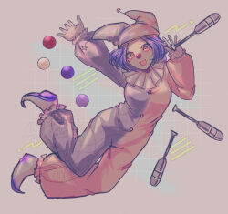  1girl blue_hair blue_jumpsuit clown clown_nose commentary_request danganronpa_another danganronpa_another:_another_despair_academy frills gloves happy hat highres iranami_satsuki jester_cap jester_shoes juggling juggling_club jumpsuit long_sleeves open_mouth pink_jumpsuit polka_dot_headwear red_nose short_hair simple_background smile solo srm_d_r129 testicles two-tone_headwear two-tone_jumpsuit white_gloves yellow_eyes 