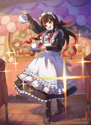  2026 2girls apron balloon black_bow black_dress black_hair boots bow braid brown_boots brown_eyes chalkboard closed_mouth commentary_request copyright_notice cup dragon_musume_ni_naritakunai! dress duel_masters godai_dora hair_bow hair_ornament holding holding_plate holding_teapot indoors kuroi_susumu long_hair maid maid_headdress multicolored_hair multiple_girls official_art open_mouth plate pouring red_hair short_hair side_braid single_braid solo_focus sparkle teacup teapot teeth upper_teeth_only white_apron 