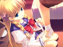 1boy 1girl bandaged_leg bandages bed black_pants blonde_hair blue_eyes bow bowtie braid buttons collarbone evening flower from_above game_asset hair_bobbles hair_flower hair_ornament half-closed_eyes hands_up highres holding_another's_foot jacket juliet_sleeves lapels long_hair long_sleeves miniskirt nanairo_kouro non-web_source pants pants_rolled_up parted_lips pleated_skirt puffy_sleeves purple_sailor_collar purple_skirt rachel_windsor rakko_(makarakko) red_bow red_bowtie sailor_collar school_uniform seiza self-datamine shelf shirt sitting skirt socks striped_clothes twin_braids white_jacket white_shirt white_socks 