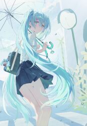  1girl absurdres air_bubble aqua_eyes aqua_hair aqua_necktie bag black_skirt blue_hair bubble character_doll closed_mouth collared_shirt commentary crossbuck crosswalk doll feet_out_of_frame from_side hair_between_eyes hair_ornament hairclip hatsune_miku highres holding holding_umbrella long_hair looking_at_viewer looking_to_the_side mirror necktie number_tattoo outdoors parallel_hairclips pleated_skirt road road_sign school_bag school_uniform shirt short_sleeves shoulder_bag sign skirt solo soyfish_l standing tattoo traffic_mirror turning_head twintails umbrella untranslatable_commentary very_long_hair vocaloid white_shirt 