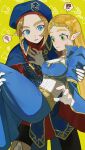 !? 1boy 1girl ? beret blonde_hair blue_dress blue_eyes blue_headwear boots breasts bridal_gauntlets cape closed_mouth dot_nose dress gloves green_eyes hand_on_another&#039;s_chest hat hetero highres link looking_at_another medium_breasts open_mouth outstretched_hand pointy_ears princess_zelda royal_guard_set_(zelda) simple_background teeth the_legend_of_zelda the_legend_of_zelda:_breath_of_the_wild thick_eyebrows triforce triforce_print white_gloves ximi0910 yellow_background