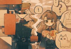  ! 1boy 1girl :o ? adjusting_clothes adjusting_headwear arm_up asymmetrical_hair belt blue_eyes brown_eyes brown_hair cat closed_mouth commentary_request floral_print floral_print_kimono gloves hands_up hat high-waist_belt highres japanese_clothes jimini_shijimi kimono long_hair long_sleeves looking_at_viewer military_uniform mole mole_under_mouth obi open_mouth original print_kimono sash short_hair speech_bubble spoken_exclamation_mark spoken_question_mark straight-on upper_body white_gloves wide_sleeves 