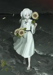  1girl barefoot beach black_ribbon black_sky blue_eyes collared_dress commentary dress flower full_body highres holding holding_flower neck_ribbon night ocean original outdoors pale_skin ribbon short_sleeves skkc_128 sky solo sunflower two_side_up untranslatable_commentary water white_dress white_hair 
