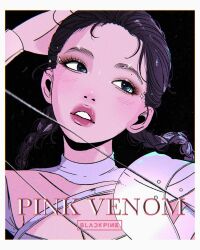  1girl black_eyeshadow blackpink blue_eyes blush braid braided_twintails commentary eyeshadow group_name highres jennie_(blackpink) looking_to_the_side makeup mole parted_lips pink_lips solo song_name yulia_(angelcry.3) 