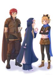  1boy 2girls :d absurdres aoihana_15 armor belt black_bow black_gloves blonde_hair blue_dress blue_eyes blue_scarf blush boots bow brown_belt brown_cape brown_gloves brown_jacket brown_pants brown_shirt brown_shorts brown_vest cape closed_mouth crop_top crossed_arms dress felt_(re:zero) fillole_(re:zero) full_body fur-trimmed_boots fur_trim gloves hair_bow heinkel_astrea highres jacket long_hair long_sleeves looking_at_another midriff multiple_girls navel nun open_mouth own_hands_together pants pantyhose ponytail re:zero_kara_hajimeru_isekai_seikatsu red_eyes red_hair scarf sheath sheathed shirt short_hair short_shorts shorts shoulder_armor simple_background smile standing stomach sword traditional_nun vest weapon weapon_on_back white_background 