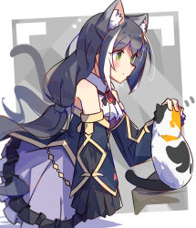  1girl animal animal_ears bare_shoulders black_dress black_hair black_sleeves blush border bright_pupils calico_(pattern) calico_cat cat_ears cat_girl cat_tail closed_mouth collared_shirt commentary_request cowboy_shot detached_sleeves dress frilled_dress frills green_eyes grey_background highres karyl_(princess_connect!) long_hair long_sleeves multicolored_hair outside_border petting princess_connect! shirt sidelocks single_hair_streak sleeveless sleeveless_shirt smile solo streaked_hair tail tetenka white_border white_pupils white_shirt white_streaks 
