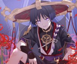  1boy absurdres arm_on_thigh armor bishounen black_bodysuit black_hair black_kimono black_shorts black_sleeves blunt_ends blurry blurry_background bodysuit covered_collarbone falling_petals flower genshin_impact glowing glowing_eyes gold gold_trim grey_veil hat highres indoors japanese_armor japanese_clothes jewelry jingasa juban kimono kote kurokote layered_sleeves looking_at_viewer male_focus mandarin_collar mitsudomoe_(shape) neck_ring o-ring open_clothes open_kimono open_mouth petals purple_rope purple_sash purple_sleeves raised_eyebrow red_flower red_hat red_kimono red_petals red_sash rope saekiya_sabou sash scaramouche_(genshin_impact) scaramouche_(harbinger)_(genshin_impact) shimenawa short_sleeves shorts single_sode sitting smirk solo spider_lily tassel tomoe_(symbol) tsurime twitter_username variant_set veil violet_eyes white_kimono white_rope wispy_bangs wolf_cut 