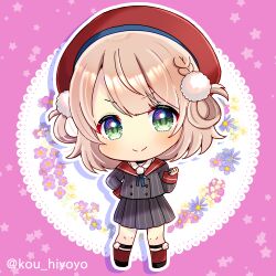  >:) 1girl beret black_shoes blue_flower blush braid brown_hair chibi closed_mouth collared_shirt flower full_body green_eyes grey_jacket grey_skirt hair_rings hat indie_virtual_youtuber jacket kou_hiyoyo outline pink_background pinstripe_jacket pinstripe_pattern pinstripe_skirt pleated_skirt purple_flower red_hat red_socks shigure_ui_(1st_costume)_(vtuber) shigure_ui_(vtuber) shirt shoes skirt smile socks solo standing star_(symbol) v-shaped_eyebrows virtual_youtuber white_flower white_outline white_shirt 