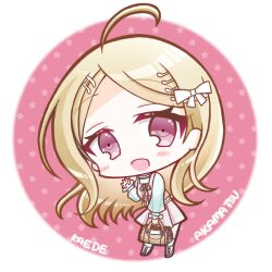  1girl ahoge akamatsu_kaede alternate_costume bag blonde_hair blush border bow character_name chibi chibi_only commentary_request danganronpa_(series) danganronpa_v3:_killing_harmony dress eyelashes full_body hair_bow hair_ornament handbag holding holding_bag long_hair long_sleeves misa_(usaginosakura) musical_note musical_note_hair_ornament open_mouth pinafore_dress pink_background pink_dress pink_eyes round_border shirt sleeveless sleeveless_dress smile solo star_(symbol) star_symbol_background thick_lineart white_border white_bow white_shirt 
