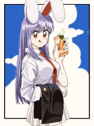  1girl :q absurdres animal_ears between_breasts black_jacket blush breasts can closed_mouth clothes_between_breasts collared_shirt commentary drink_can highres holding holding_can hot jacket large_breasts long_hair long_sleeves looking_at_viewer necktie necktie_between_breasts purple_hair rabbit_ears rabbit_girl red_eyes red_necktie reisen_udongein_inaba shirt skirt sleeves_rolled_up smile solo sweat tongue tongue_out touhou turtle-kun unworn_skirt white_shirt white_skirt 