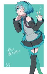  1girl :q ;q alternate_hair_length_(shorter) alternate_hairstyle aqua_background aqua_eyes aqua_nails aqua_necktie backpack bag black_hairband black_skirt black_thighhighs blush border collared_shirt commentary_request detached_sleeves eyelashes fingernails grey_shirt hair_between_eyes hairband hand_on_own_chin hatsune_miku highres nail_polish necktie one_eye_closed ranryu330 shirt short_hair simple_background skirt smile solo star_(symbol) thigh-highs tie_clip tongue tongue_out translation_request very_short_hair vocaloid w white_border 