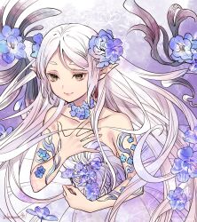  1girl arm_tattoo bare_shoulders blue_flower choker closed_mouth commentary_request dress earrings elf flower flower_choker flower_tattoo forget-me-not_(flower) frieren green_eyes hair_flower hair_ornament hand_on_own_chest highres jewelry light_smile long_dress long_hair nanahachi_77889 parted_bangs pointy_ears solo sousou_no_frieren strapless strapless_dress tattoo thick_eyebrows twitter_username upper_body white_dress white_hair 