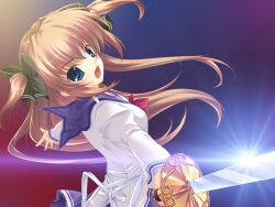  1girl ahoge arched_back asuka_mirai back_ribbon black_bow blue_eyes bow bowtie brown_hair cross-laced_clothes floating_hair from_behind game_asset glowing hair_bow hair_intakes hands_up highres holding holding_sword holding_weapon jacket juliet_sleeves leaning_back long_hair long_sleeves looking_at_viewer looking_back mikeou miniskirt multiple_hair_bows nanairo_kouro non-web_source open_mouth outstretched_arms pleated_skirt puffy_sleeves purple_sailor_collar purple_skirt red_bow red_bowtie ribbon sailor_collar school_uniform self-datamine shirt shoulder_boards skirt solo spread_arms striped_clothes sword two_side_up weapon white_jacket white_ribbon white_shirt 