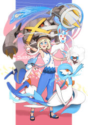  1girl absurdres alternate_color black_sandals black_sclera blonde_hair blue_eyes blue_pants blush brown_hat claws colored_sclera commentary_request fedora full_body gallade gardevoir glasses hat high_heel_sandals high_heels highres metagross mubo open_mouth orange_eyes original pants poke_ball pokemon pokemon_(creature) pokemon_team premier_ball red_eyes sandals shiny_pokemon shirt sleeveless sleeveless_shirt smile standing sylveon teeth toes translation_request upper_teeth_only water whimsicott white-framed_eyewear white_shirt wishiwashi wishiwashi_(solo) yellow_eyes 
