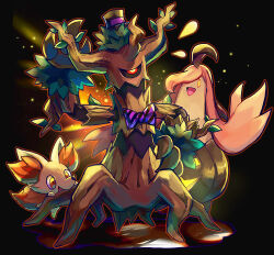  black_background black_bow black_hat black_sclera bow claws colored_sclera commentary_request diagonal-striped_bow fennekin gourgeist hair_over_one_eye hat kantarou_(8kan) leaf no_humans one-eyed open_mouth orange_eyes outline pokemon pokemon_(creature) pokemon_focus purple_bow red_eyes red_outline smile solid_oval_eyes striped_bow top_hat trevenant two-tone_bow yellow_pupils 