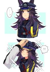  ! !! ... 1girl 1other :3 animal_ears arms_behind_back black_hair blue_jacket blush borderless_panels colored_inner_animal_ears colored_inner_hair commentary_request disembodied_hand ears_down ears_through_headwear eyes_visible_through_hair fenomeno_(black_flames_of_the_righteous_spirit)_(umamusume) fenomeno_(umamusume) flipped_hair hat headpat highres horse_ears horse_girl horseshoe_hat_ornament horseshoe_ornament jacket long_hair multicolored_hair peaked_cap raised_inner_eyebrows sequential sikgoisikst smile sparkle sparkling_aura speech_bubble thick_eyebrows umamusume upper_body v-shaped_eyebrows violet_eyes 