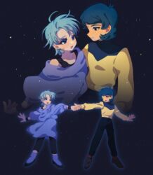  1boy 1girl absurdres baggy_clothes black_undershirt blue_eyes blue_hair commentary_request dancing four_murasame gundam hetero highres holding_hands kamille_bidan looking_at_another open_mouth pants pari_pari_kyabetu220 shirt short_hair star_(sky) starry_sky_background yellow_shirt zeta_gundam 