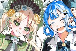  2girls ^_^ artist_name black_bow black_bowtie black_capelet black_flower black_hat black_rose blonde_hair blue_hair blue_necktie bonnet bow bowtie braid braided_hair_rings capelet closed_eyes collared_shirt commentary_request deerstalker flower green_bonnet green_eyes grey_vest hair_bow hair_flower hair_ornament hair_rings hat holding holding_unworn_clothes holding_unworn_hat long_hair long_sleeves mahou_shoujo_no_majo_saiban multiple_girls necktie open_mouth rose shirt short_hair signature simple_background smile suzka225 tachibana_sherry teeth tono_hanna twintails twitter_username unworn_hat unworn_headwear vest white_background white_flower white_rose white_shirt winged_hat yellow_flower yellow_rose yuri 