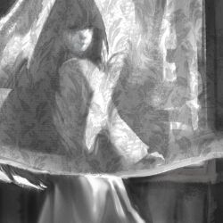  1girl black_hair curtains dress greyscale highres instrument long_hair looking_at_viewer mari_(omori) mari_(spirit)_(omori) monochrome omori piano playing_instrument sitting uruimidraws white_dress 