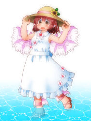  1girl :d alternate_costume animal_ear_piercing animal_ears bird_ears bird_wings blush breasts brown_eyes brown_hat collared_dress commentary_request dress earrings flower hat hat_flower highres hoop_earrings jewelry looking_at_viewer matty_(zuwzi) mystia_lorelei open_mouth red_hair sleeveless sleeveless_dress small_breasts smile solo straw_hat sunflower toes touhou water white_dress wings 