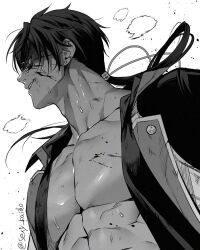  1boy bad_source blood blood_on_chest blood_on_face from_side glasses greyscale hair_between_eyes jacket kaidou_j1 male_focus monochrome muscular muscular_male nikkou_ichimonji_(touken_ranbu) open_clothes open_jacket pectorals ponytail portrait short_hair simple_background smirk solo sweat touken_ranbu twitter_username white_background 