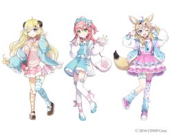  ahoge animal_ear_fluff animal_ears chon_(chon33v) commentary_request curled_horns fox_ears fox_girl fox_tail hair_ornament hairclip hololive horns mark_under_eye multicolored_hair official_art omaru_polka pink_hair pink_streaks sakura_miko sheep_girl sheep_horns streaked_hair tail tsunomaki_watame virtual_youtuber 