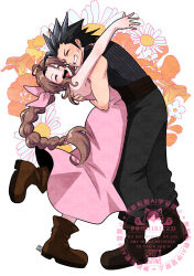  1boy 1girl aerith_gainsborough baggy_pants bare_arms bare_shoulders black_hair black_pants boots braid braided_ponytail brown_boots brown_hair closed_eyes commentary_request couple crisis_core:_final_fantasy_vii cross_scar earrings final_fantasy final_fantasy_vii final_fantasy_vii_remake floral_background full_body grin hair_ribbon hetero highres hug jewelry long_hair open_mouth pants parted_bangs pink_ribbon ponytail ribbed_sweater ribbon scar scar_on_cheek scar_on_face shikiwo sleeveless sleeveless_turtleneck smile spiky_hair standing standing_on_one_leg stud_earrings sweater turtleneck turtleneck_sweater zack_fair 