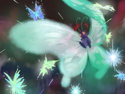  antennae bug butterfly butterfree dynamax flying gigantamax gigantamax_butterfree highres insect_wings kiki_bombomknit no_humans pokemon pokemon_(creature) pokemon_focus red_eyes white_fur wings 